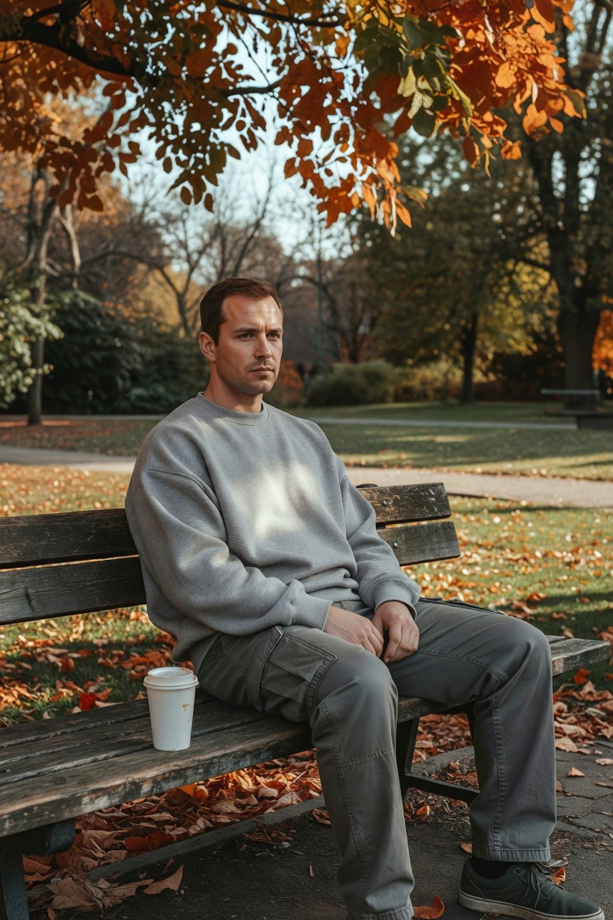 Man in oversized grey hoodie and matching grey cargo pants sitting on wooden bench with white coffee cup nearby, dark green sneakers on feet, autumn leaves scattered around