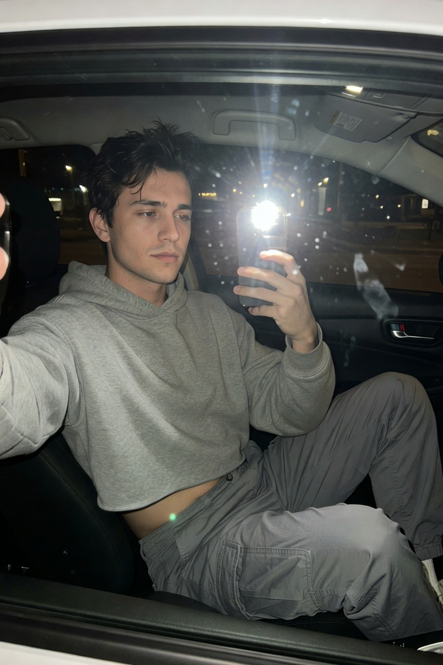 Selfie of a young man in a white car at night, wearing a cropped grey hoodie exposing his midriff, matching grey cargo pants with pockets, grey sneakers, holding his phone for the shot, interior lights glowing on his face and outfit