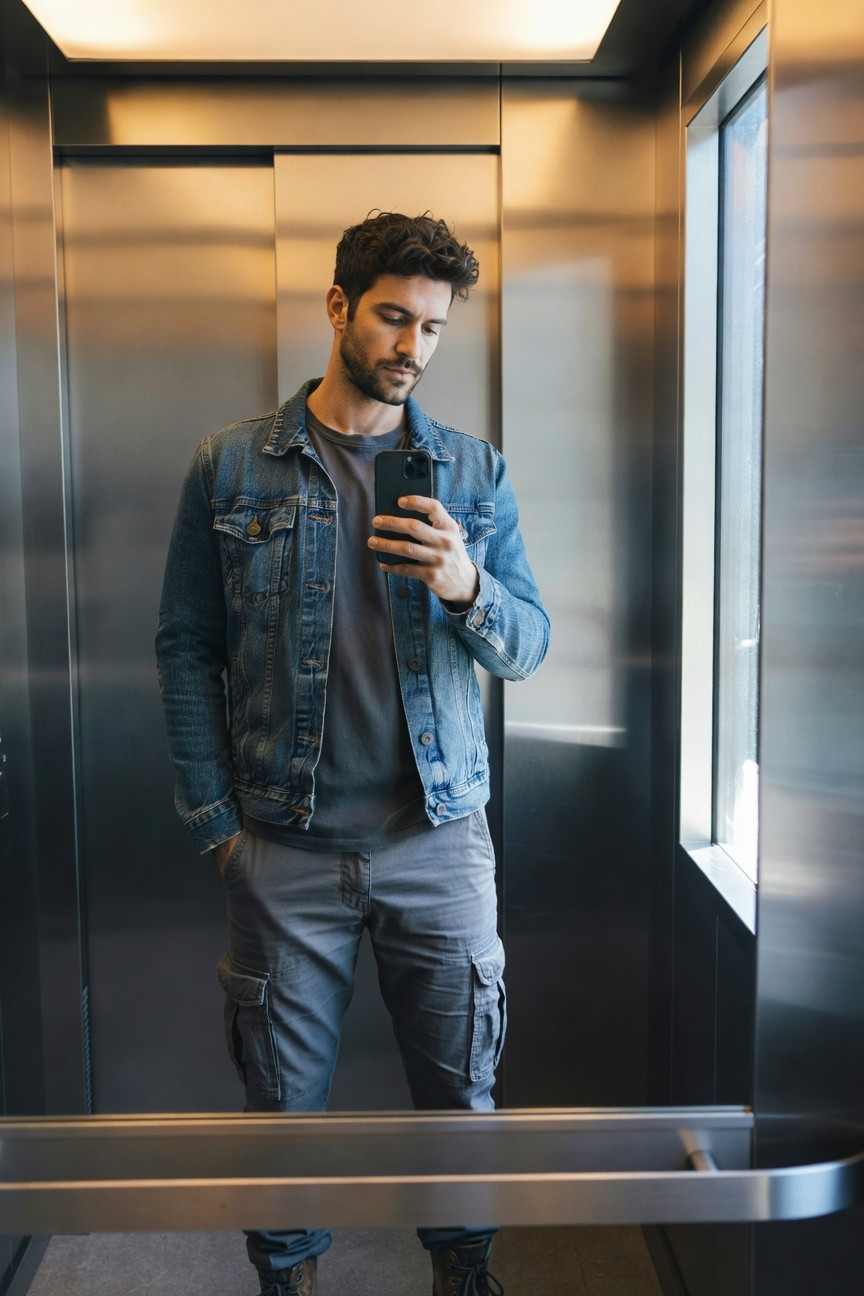 Man in elevator selfie wearing open blue denim jacket over grey t-shirt, matching grey cargo pants with side pockets, brown laced boots, curly hair and beard, casual streetwear pose