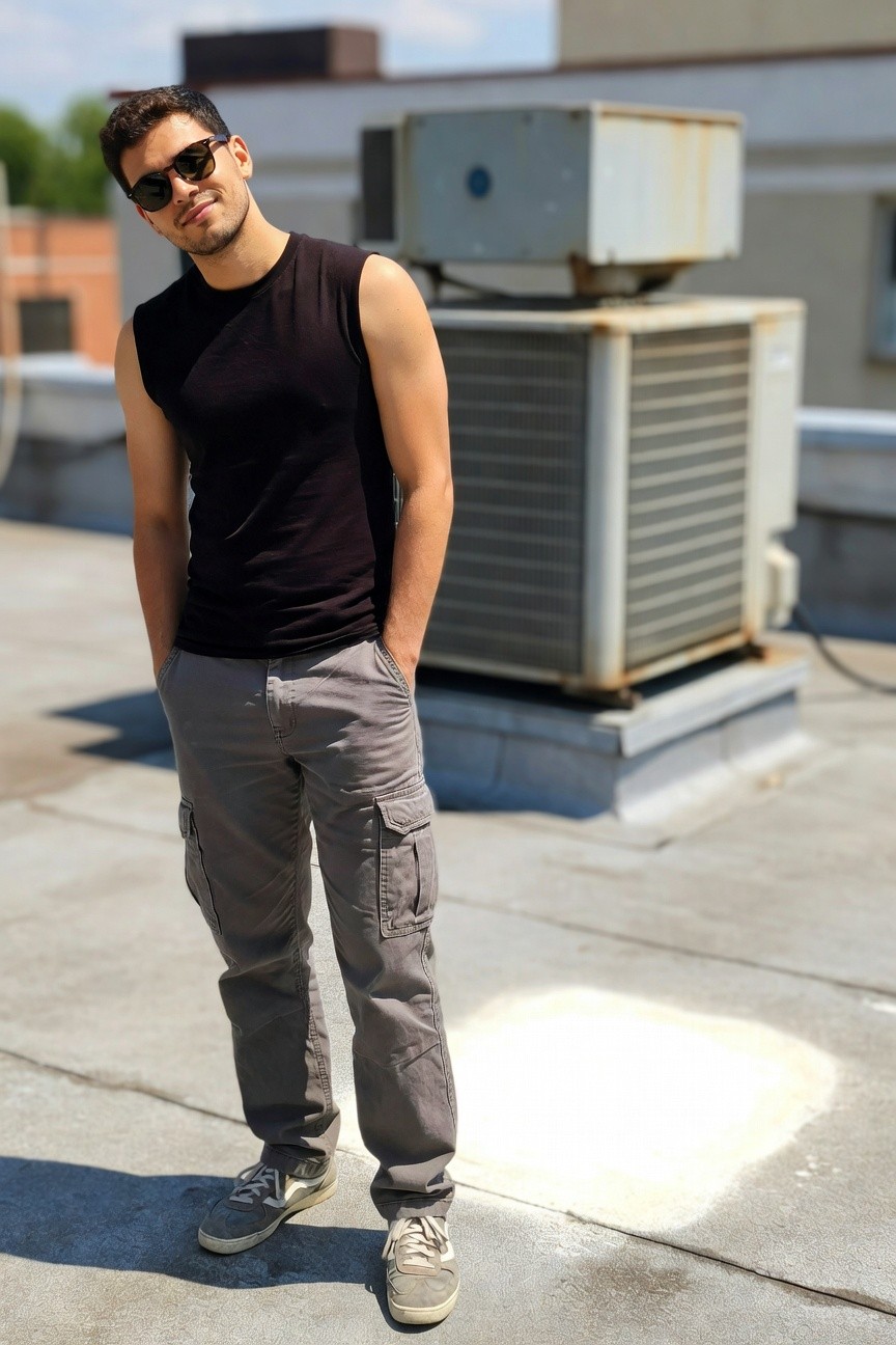 Young man with short dark hair and sunglasses wearing a black sleeveless tank top, loose grey cargo pants, and white sneakers with grey accents, standing casually with hands in pockets on a rooftop