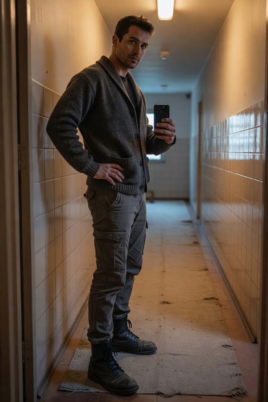 Man standing in tiled hallway wearing open grey knit cardigan over dark shirt, matching grey cargo pants, and black combat boots, taking a selfie
