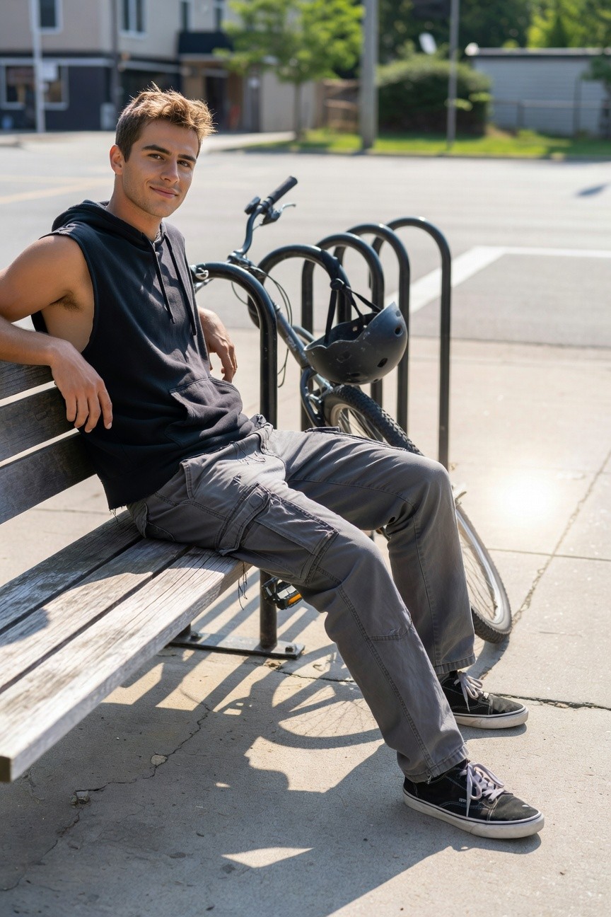 Young man in black sleeveless hoodie and grey cargo pants sitting casually with black sneakers, bike nearby on urban street