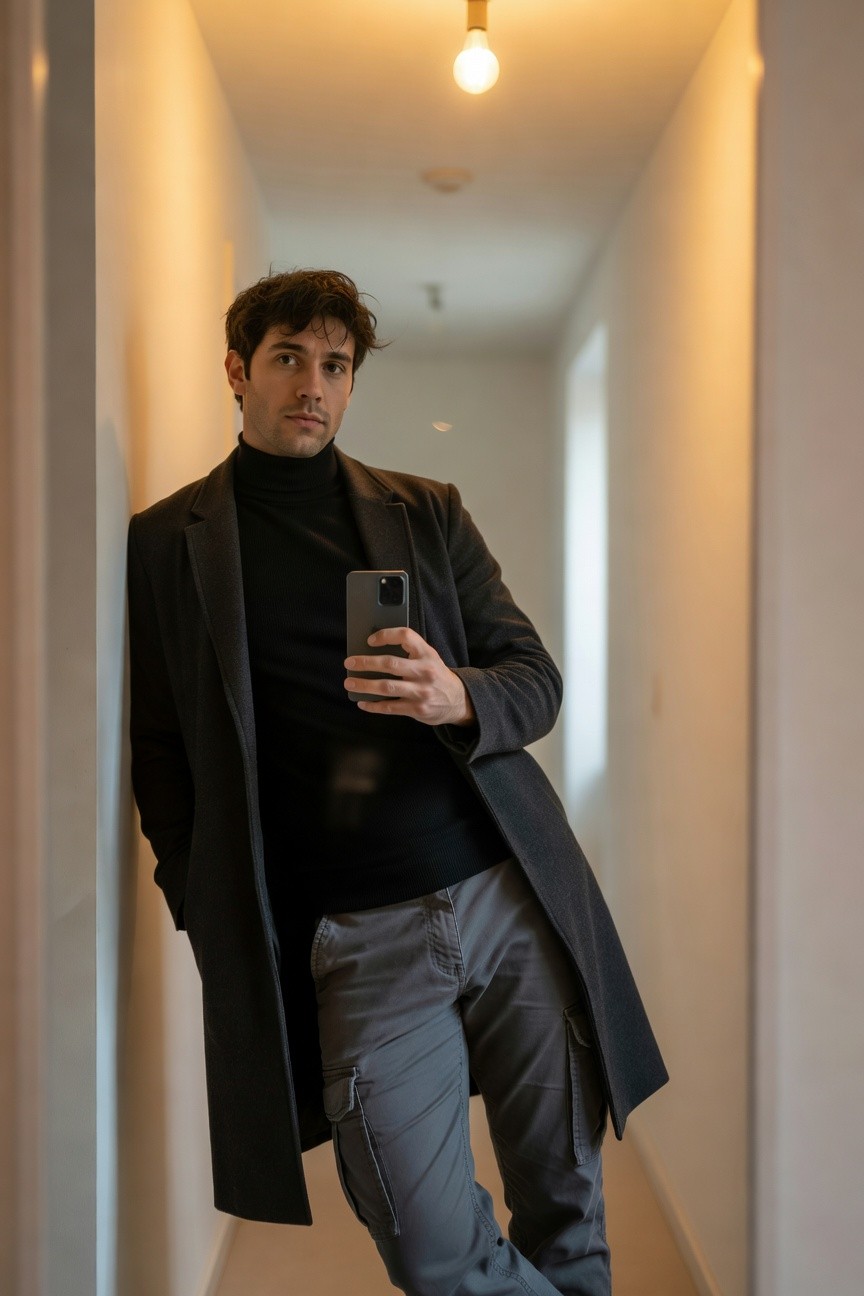Man in black turtleneck sweater, grey cargo pants, and open long black overcoat leaning in a lit hallway holding up a smartphone for a selfie