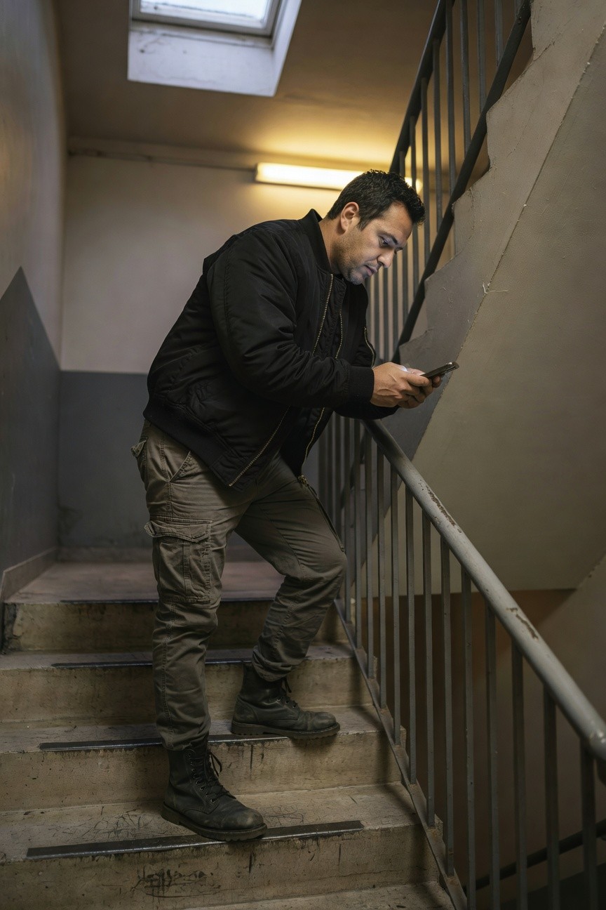 Man in black bomber jacket, grey cargo pants, and black combat boots, crouching on concrete stairs while checking his phone, urban streetwear style