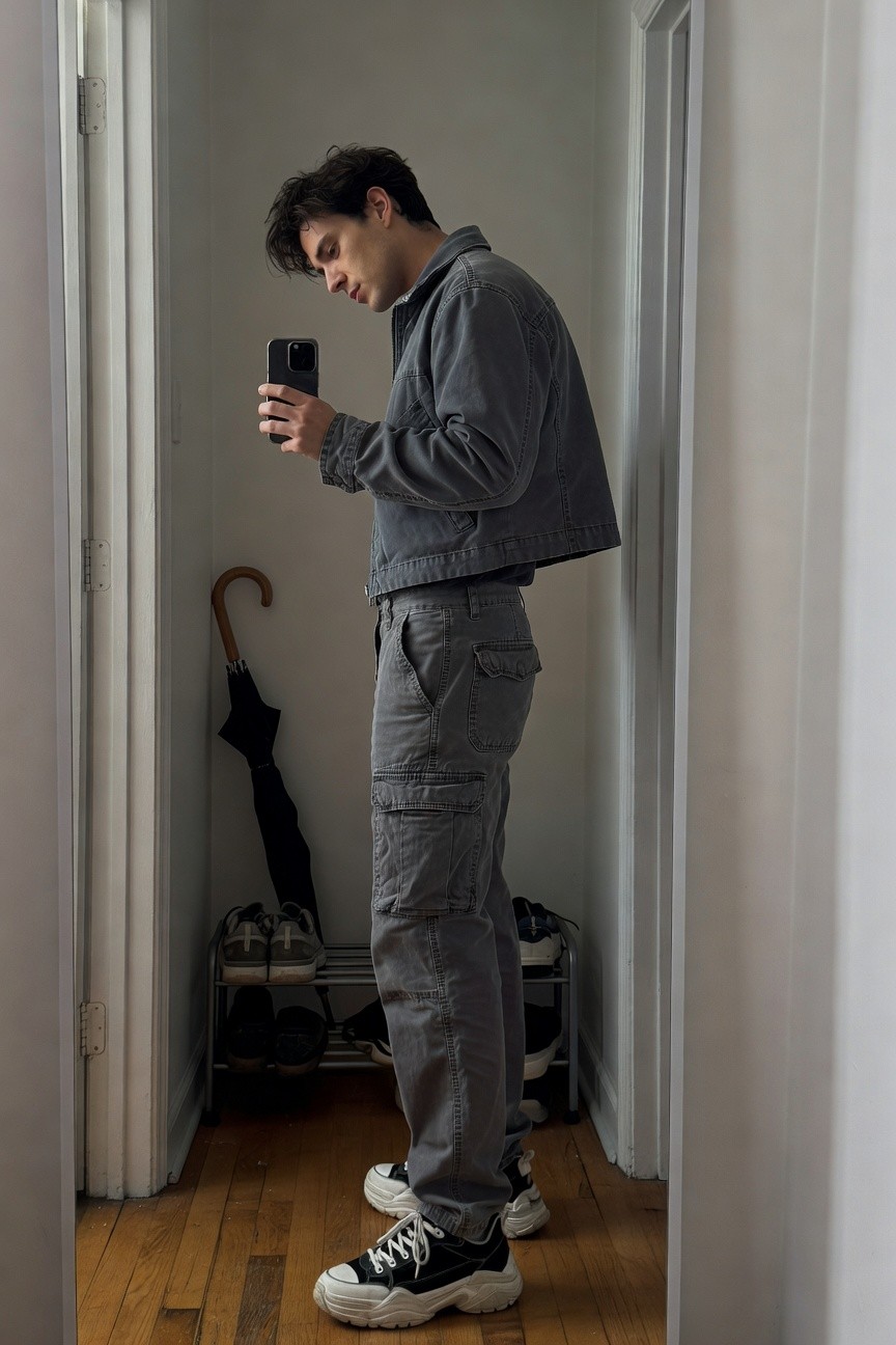 Side profile of a man in a cropped grey denim jacket, matching grey cargo pants with multiple pockets, and white chunky platform sneakers with black accents, standing in a hallway while taking a selfie with his phone