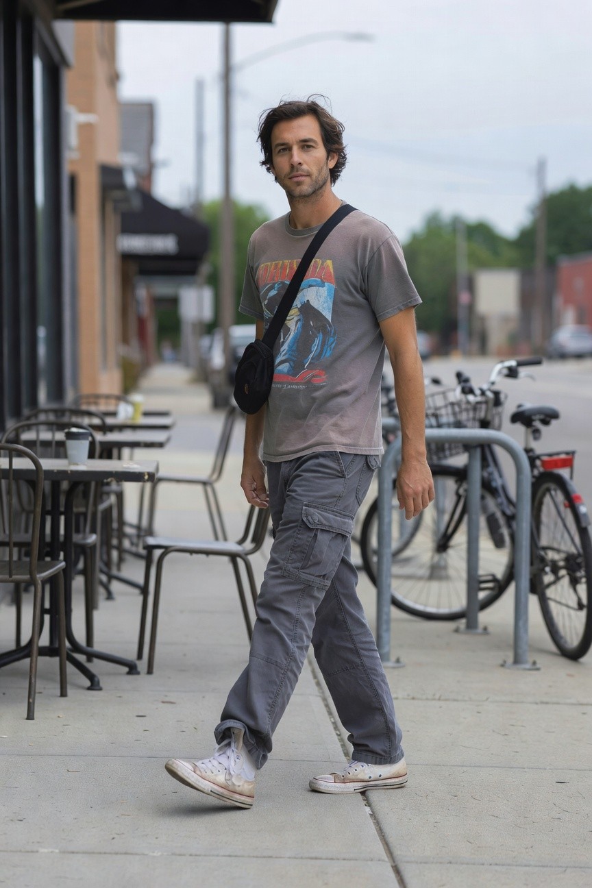 Man in faded grey graphic t-shirt with mountain design, baggy grey cargo pants, white Converse sneakers, and black crossbody bag, walking in streetwear style