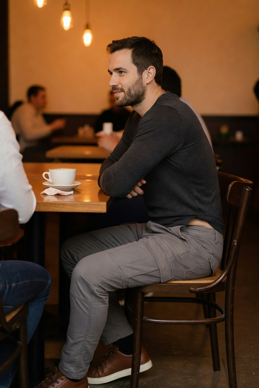 Handsome man with short dark hair and beard seated at wooden cafe table, wearing fitted charcoal long-sleeve sweater with arms crossed, light grey cargo pants with multiple pockets, and brown leather sneakers with white soles, white coffee cup on table nearby