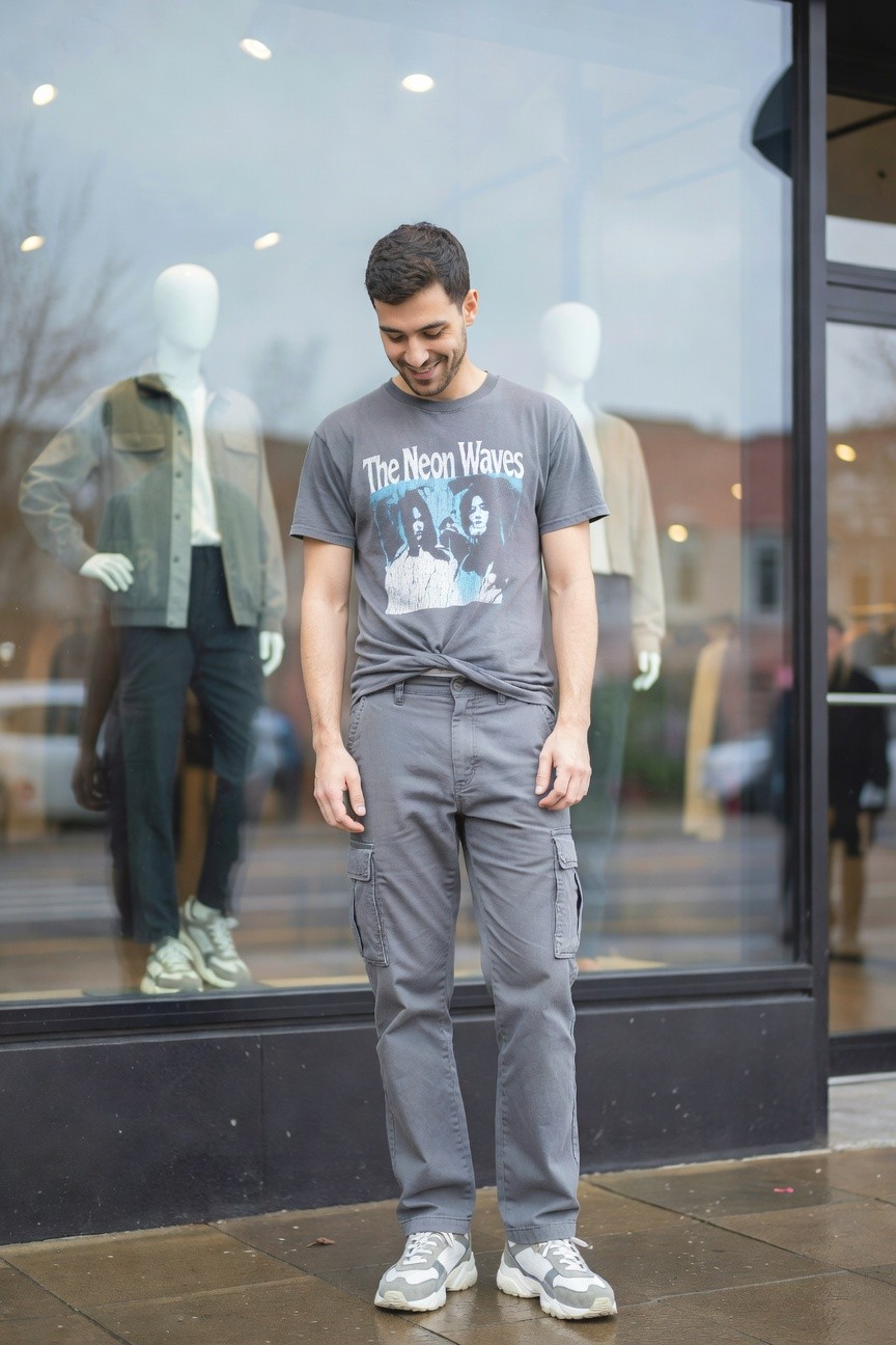 A man stands smiling slightly in grey cargo pants with multiple pockets, a grey graphic t-shirt featuring The Neon Waves band artwork knotted at the waist, and white chunky sneakers with grey details, posed in front of a clothing store window displaying mannequins in casual outfits.