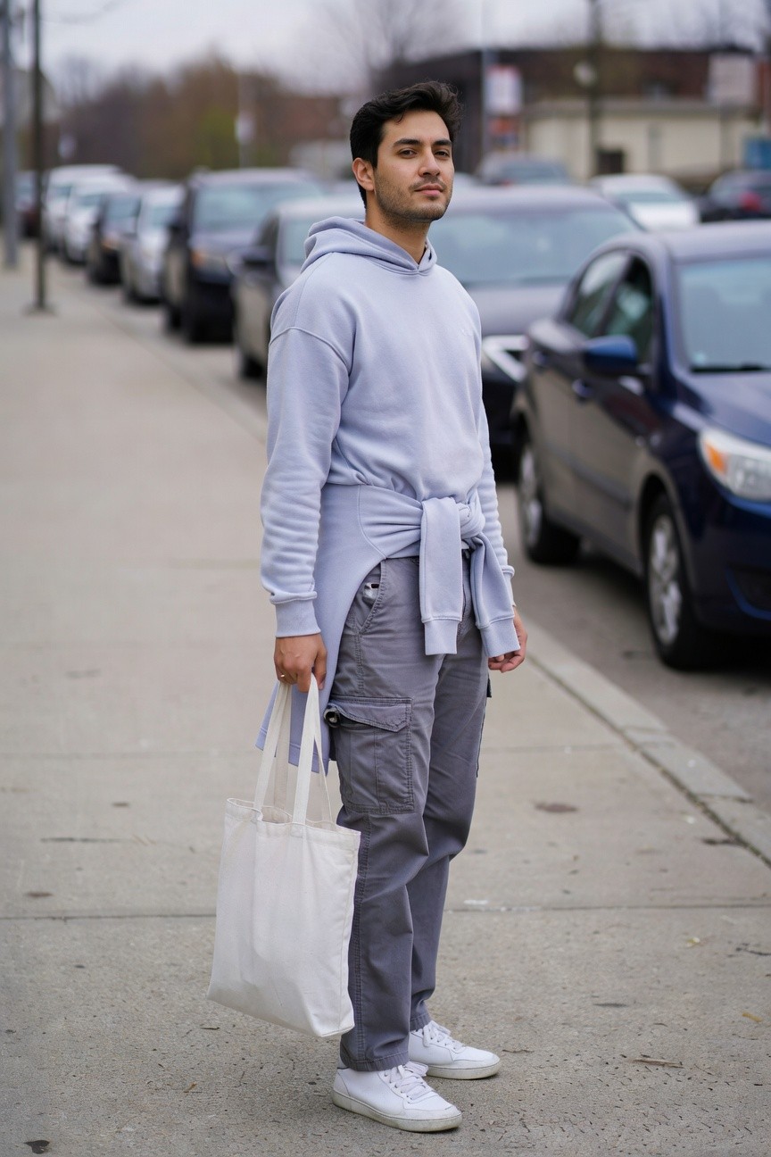 Side profile of a man in light grey oversized hoodie tied at the waist over matching grey cargo pants, white canvas sneakers, and holding a white canvas tote bag, streetwear style against a parking lot backdrop
