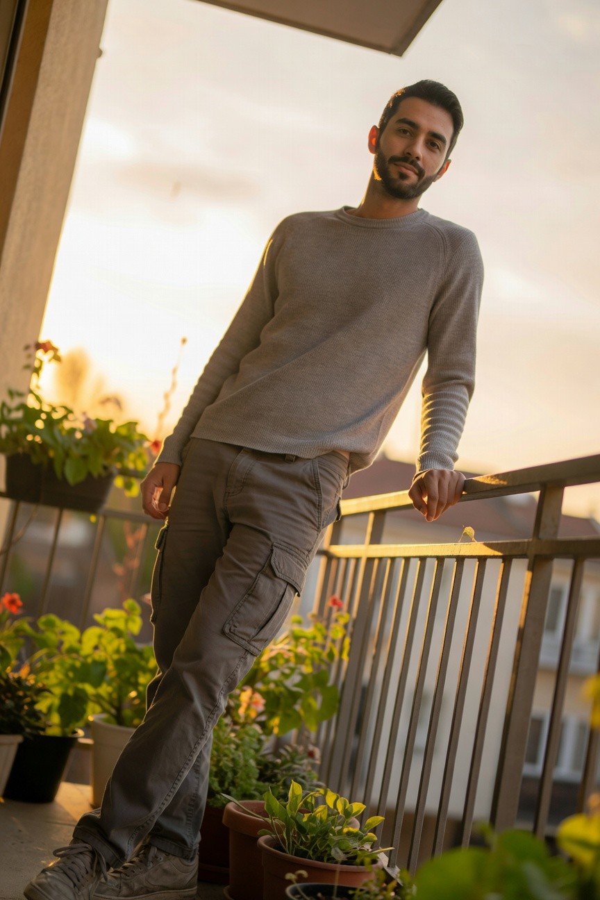 A man leaning against a balcony railing wearing a grey knit crewneck sweater with raglan sleeves, matching grey cargo pants with multiple pockets, and worn grey sneakers, surrounded by potted plants at sunset.