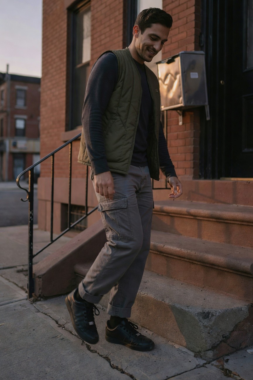Man in grey cargo pants cuffed at ankles, olive green puffer vest over navy long-sleeve shirt, black leather sneakers, walking up urban brick steps