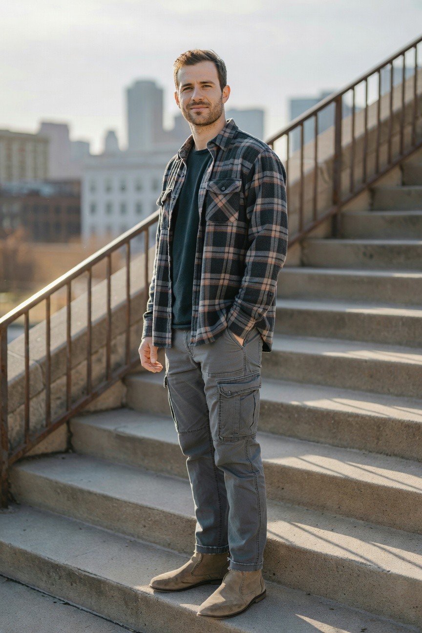 Man in open dark plaid flannel shirt over green tee, grey cargo pants, and tan suede ankle boots, standing on concrete steps with urban skyline behind