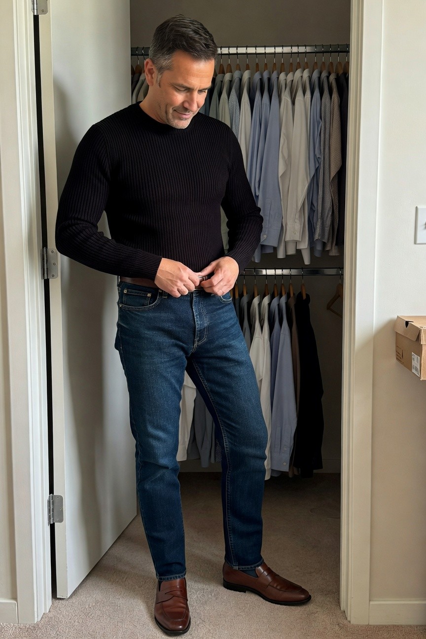 A man standing by an open closet door, wearing a black ribbed long-sleeve turtleneck sweater, dark blue straight-leg jeans with belt being buckled, and brown leather loafers, surrounded by hanging shirts.