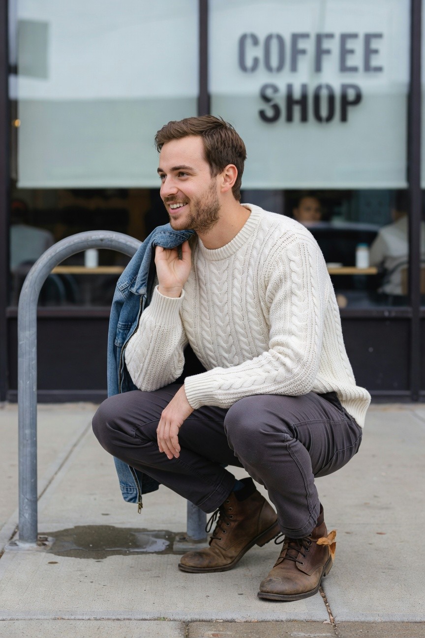 Man in white cable knit sweater, blue denim jacket draped over one shoulder, gray slim trousers, and brown leather boots, squatting outside a coffee shop by a metal bike rack