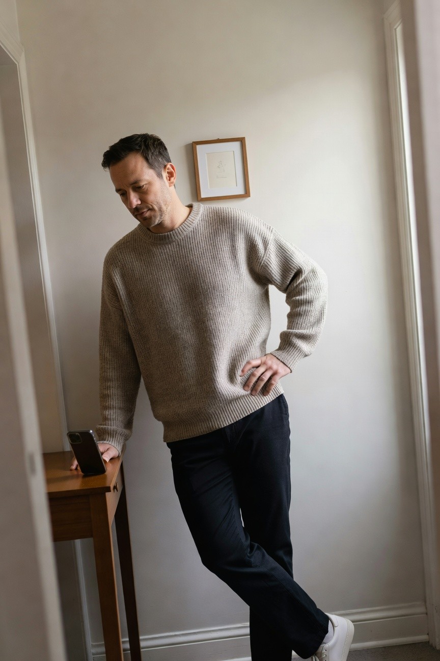 Man leaning casually in a chunky beige ribbed crewneck sweater, slim black trousers, and white sneakers, holding a phone near a wooden table in a light hallway
