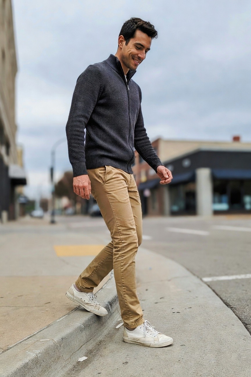 Man walking on street curb in dark gray knit zip-up sweater, khaki chinos, and white sneakers, smiling over shoulder