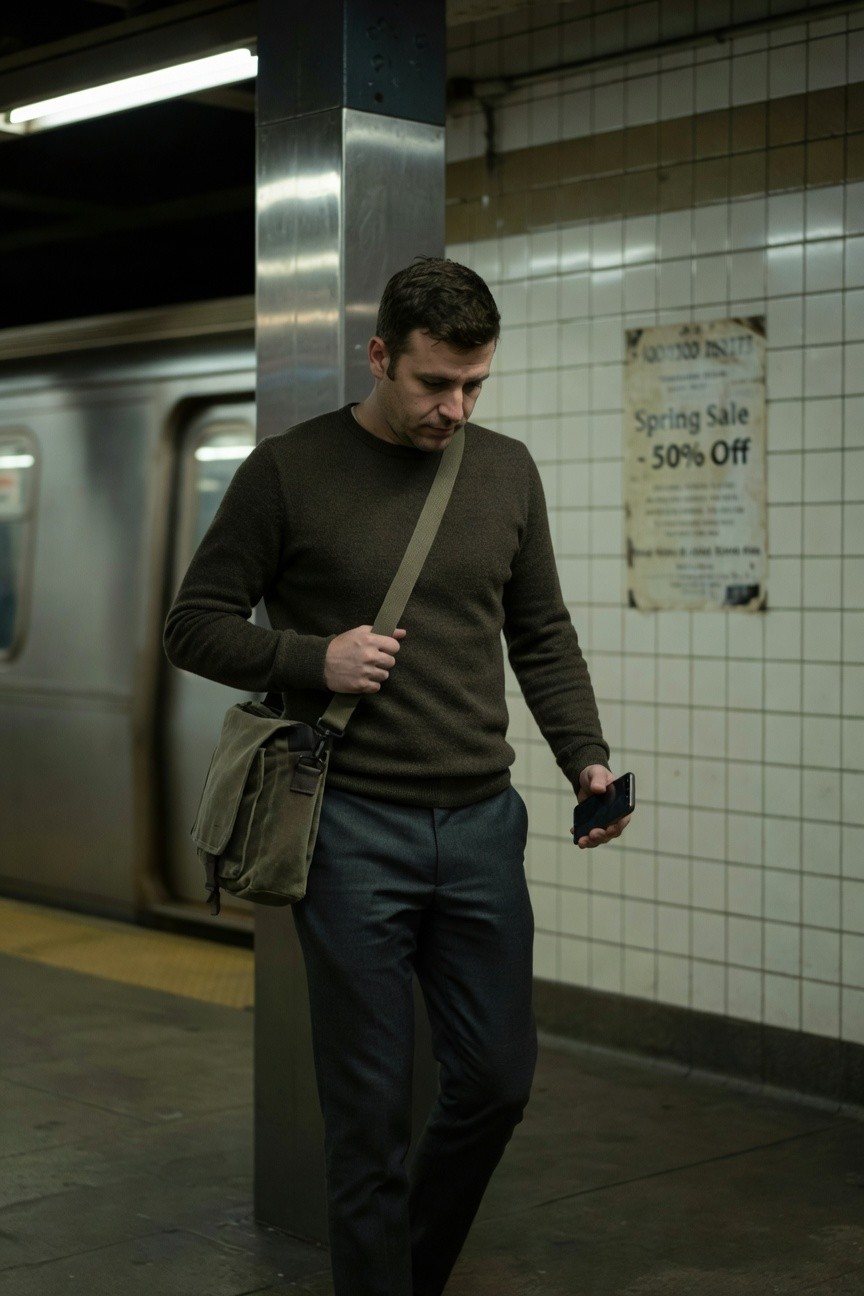Man standing on subway platform in olive green crewneck sweater, slim gray trousers, olive canvas messenger bag, holding phone and looking down