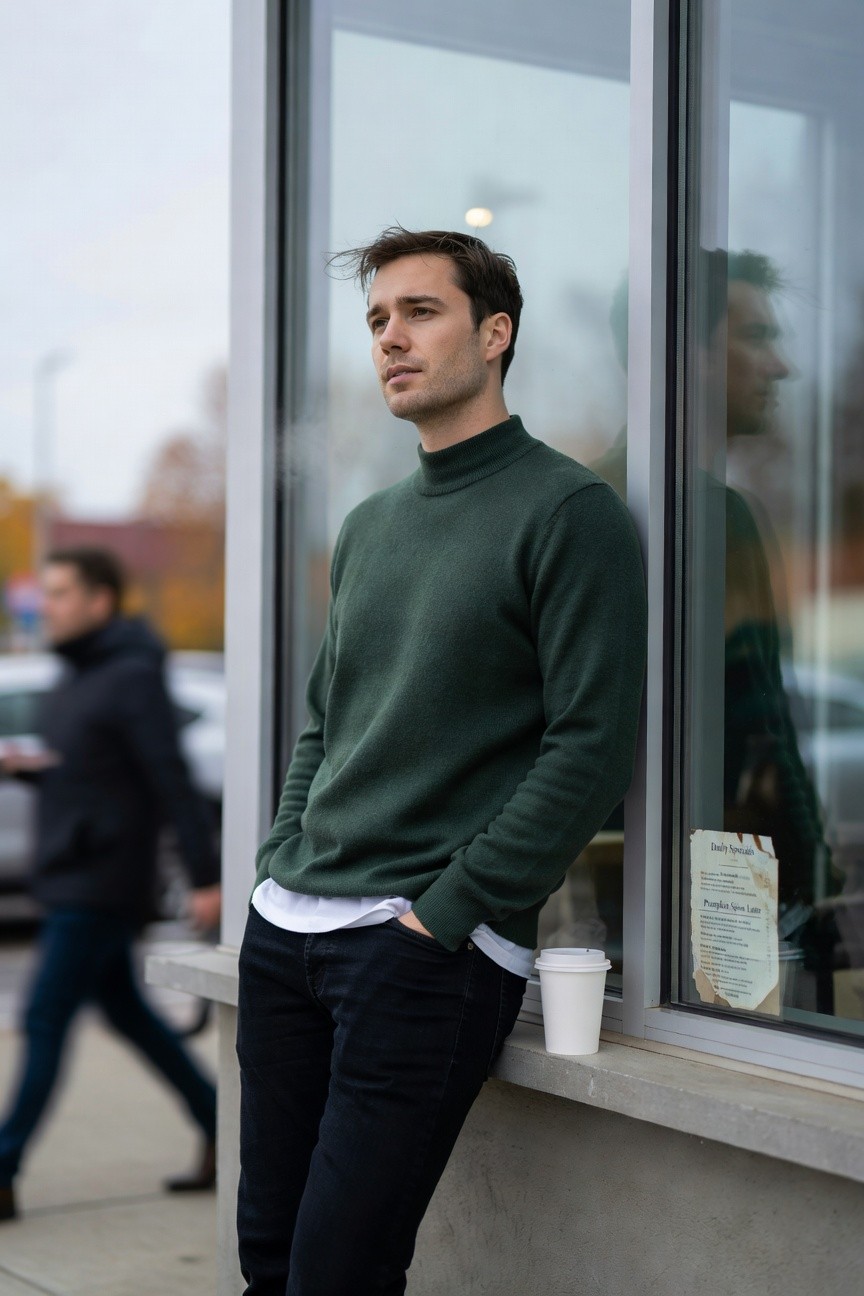 Man in forest green knit turtleneck sweater layered over white collared shirt tucked into slim black jeans, leaning against a ledge with hands in pockets and white coffee cup nearby