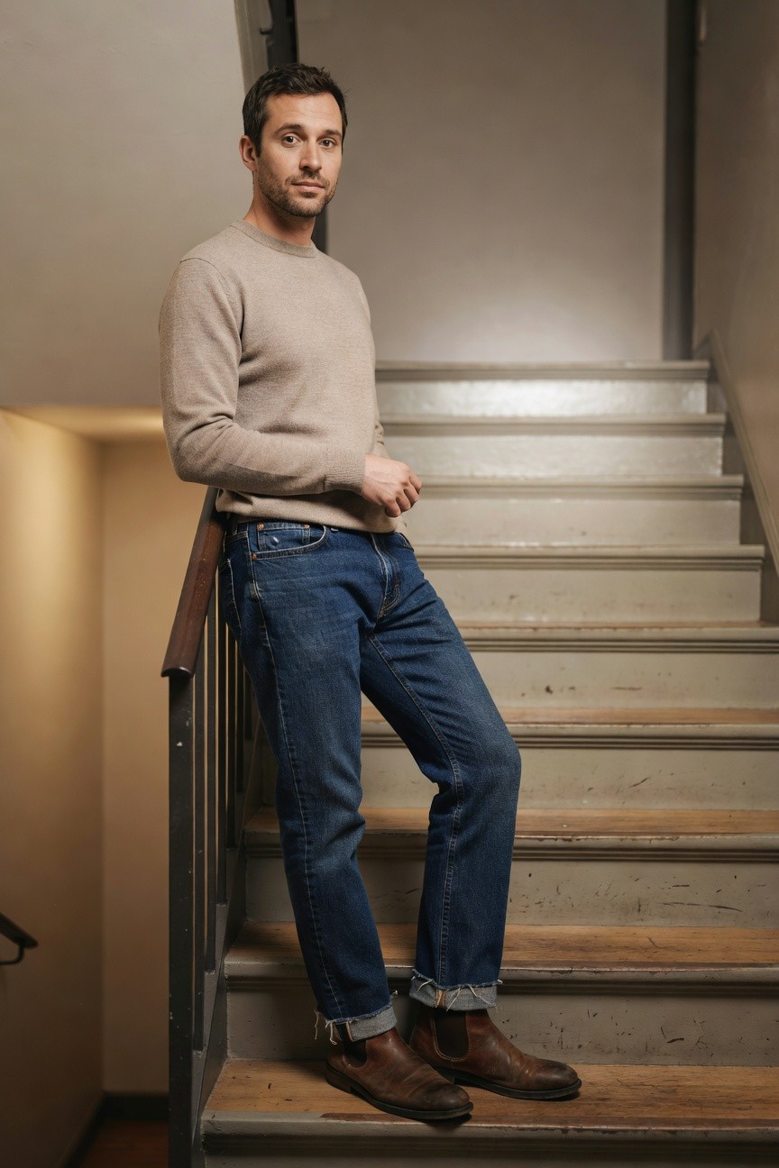 Man leaning against wooden railing on indoor staircase wearing light beige crewneck sweater, straight-leg blue jeans cuffed at ankles, and brown leather Chelsea boots