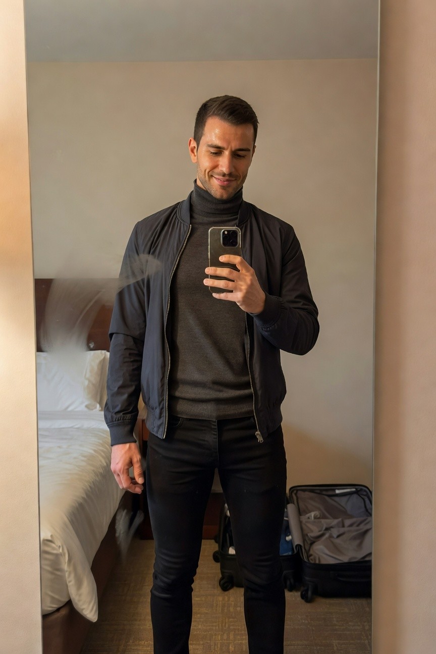 A smiling man in a hotel room mirror selfie wearing slim black jeans, a grey turtleneck sweater layered under a black zip-up bomber jacket, holding his phone, with suitcase and bed visible in the background