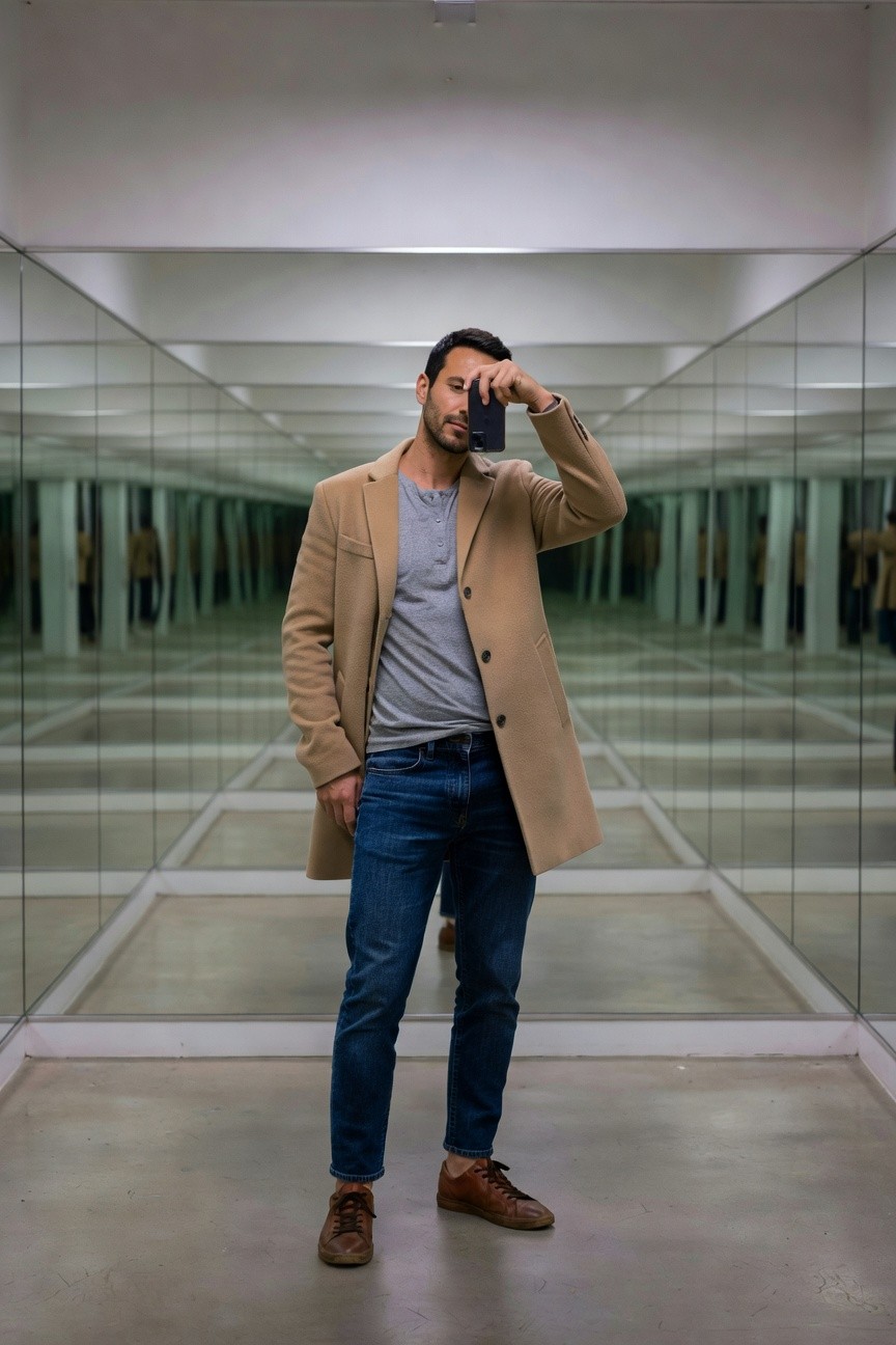 Man in long camel overcoat over gray henley, blue straight-leg jeans cuffed at ankles, brown leather sneakers, holding phone to face in mirrored hallway, dark hair and beard