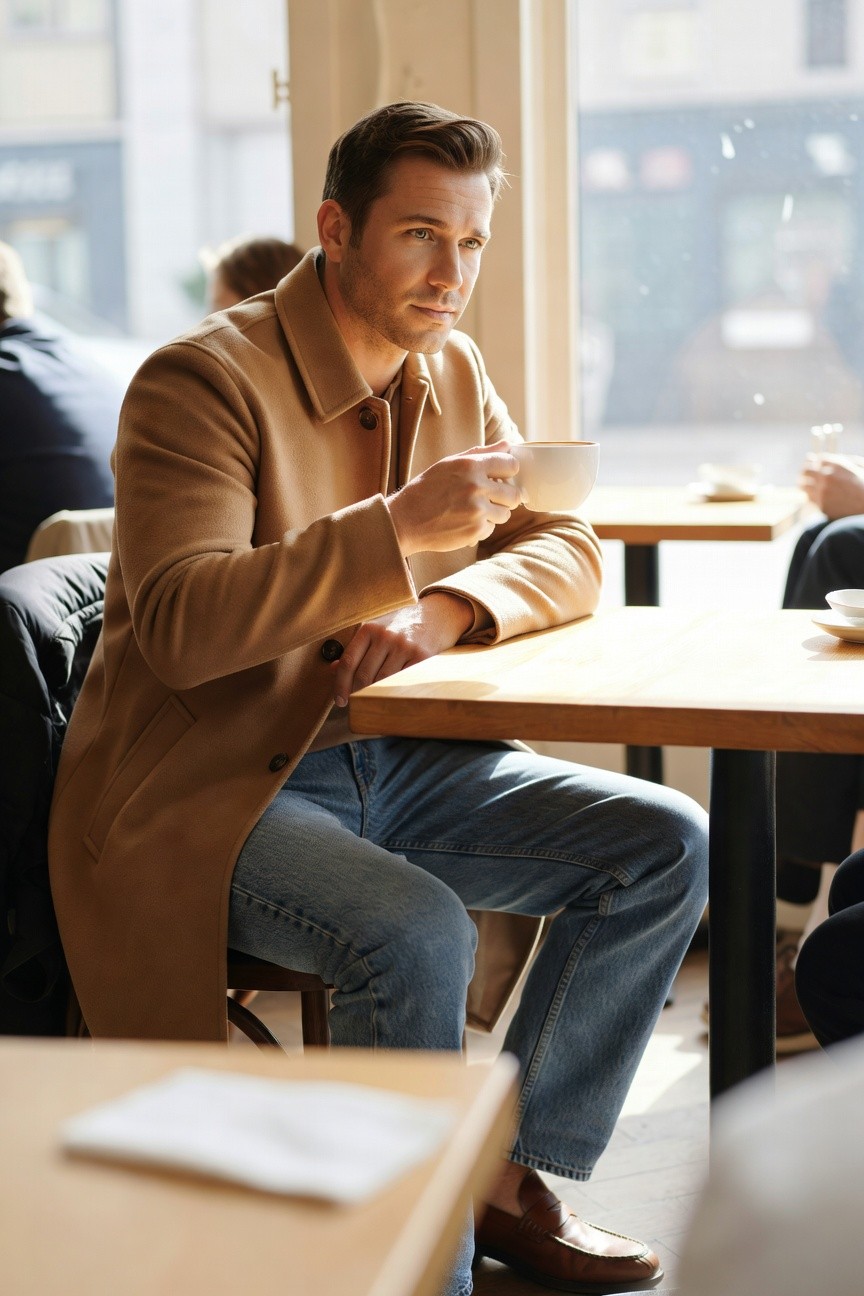 Handsome man in a long camel overcoat layered over a white shirt and straight blue jeans, brown loafers, seated at a wooden table holding a white coffee cup