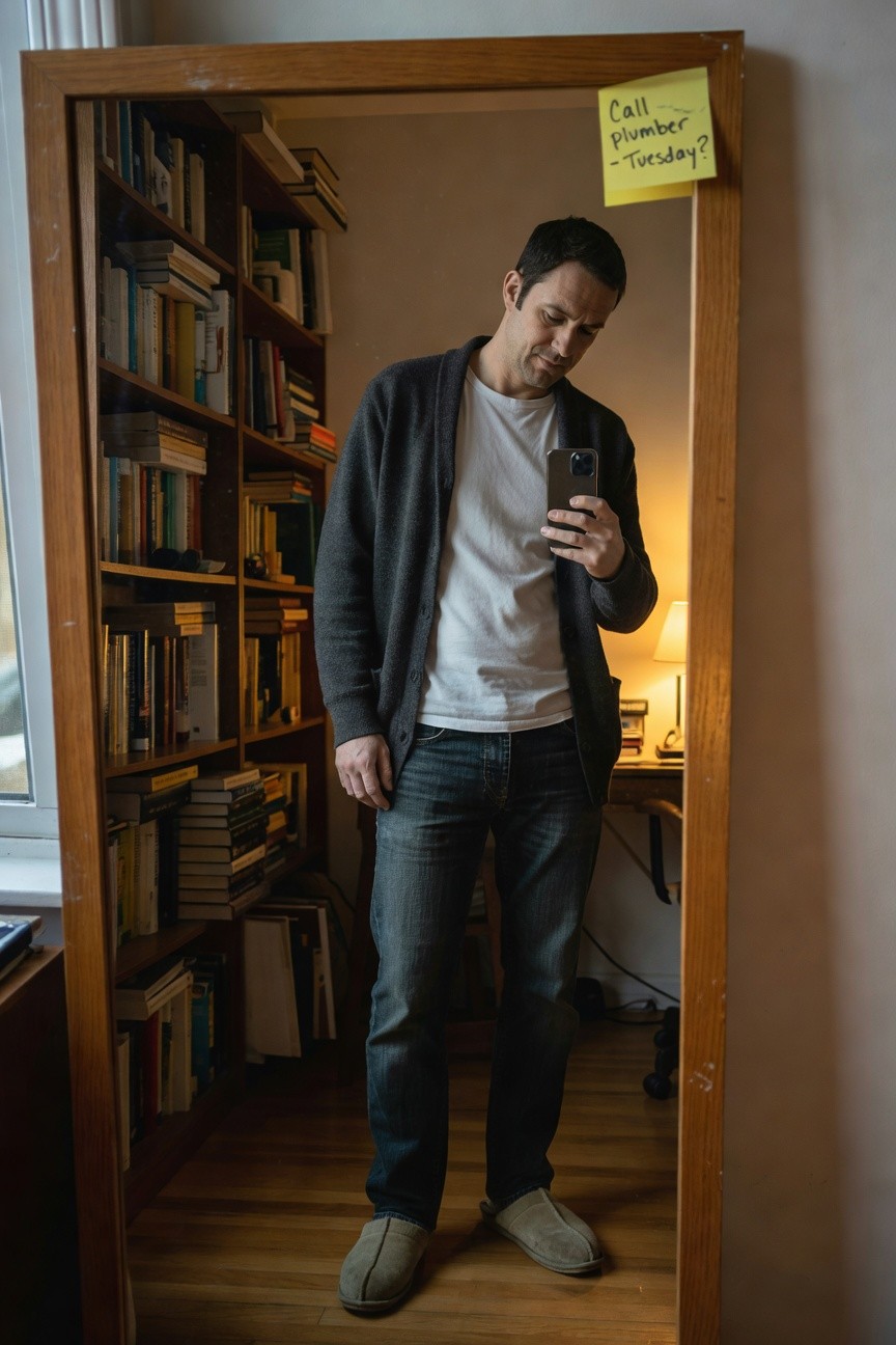 Man standing in front of wooden mirror selfie holding phone, wearing open gray cardigan over white t-shirt, dark jeans, and gray suede slippers, with bookshelves and desk in background