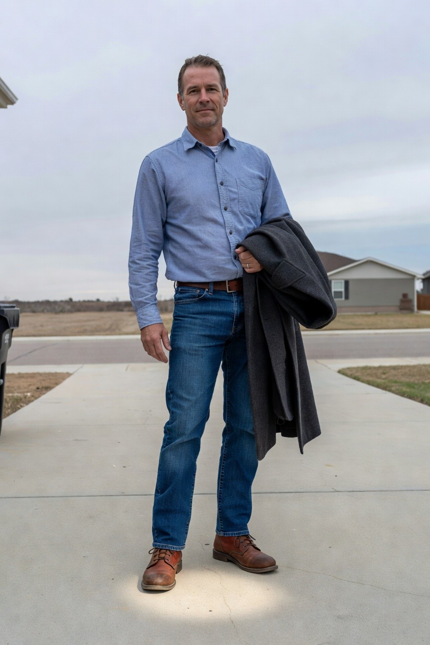 Man standing casually in light blue chambray button-down shirt, dark straight-leg jeans, brown leather boots, brown belt, holding gray wool overcoat over one shoulder
