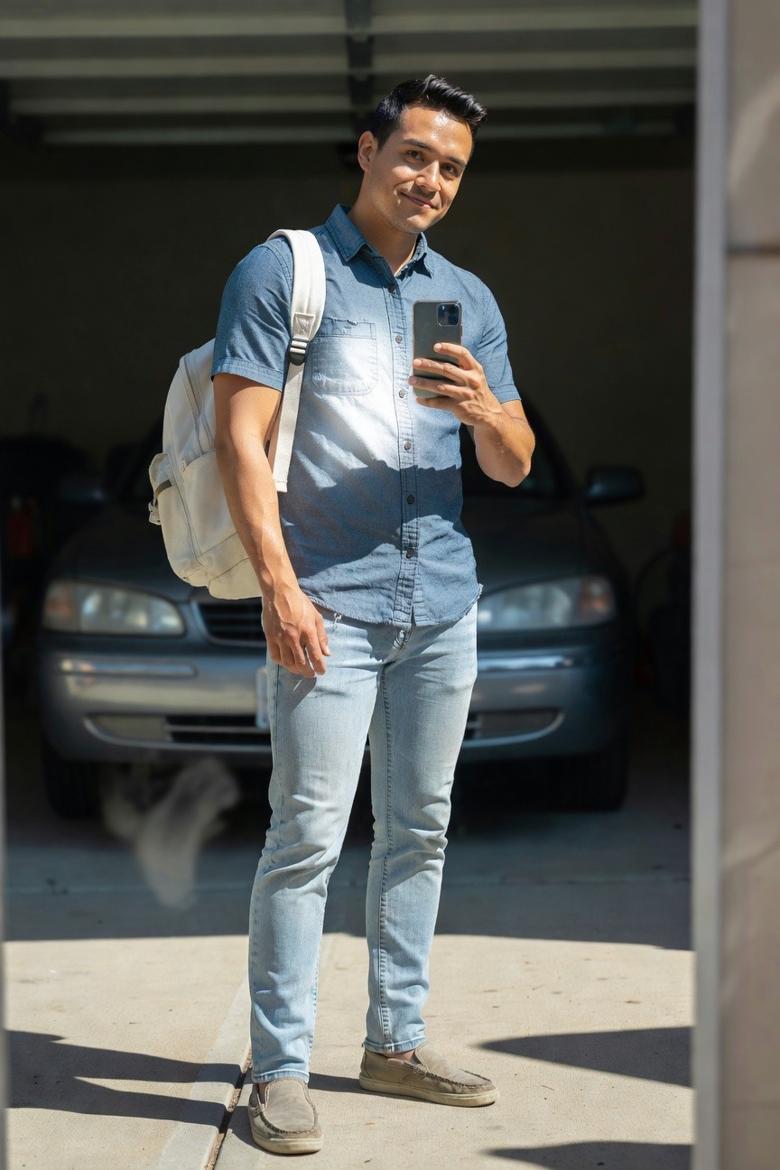 Man in faded light blue short-sleeve denim shirt, light wash straight-leg jeans, white leather backpack over one shoulder, tan suede espadrilles, taking a selfie in a garage setting