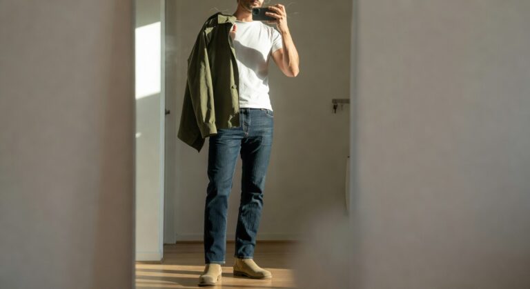 16 Effortless Jeans Outfit Ideas for Men That Always Look Put Together Man in mirror selfie wearing white t-shirt, olive green jacket draped over shoulder, medium-wash slim jeans, and beige suede chelsea boots, standing casually in a bedroom with wooden floors