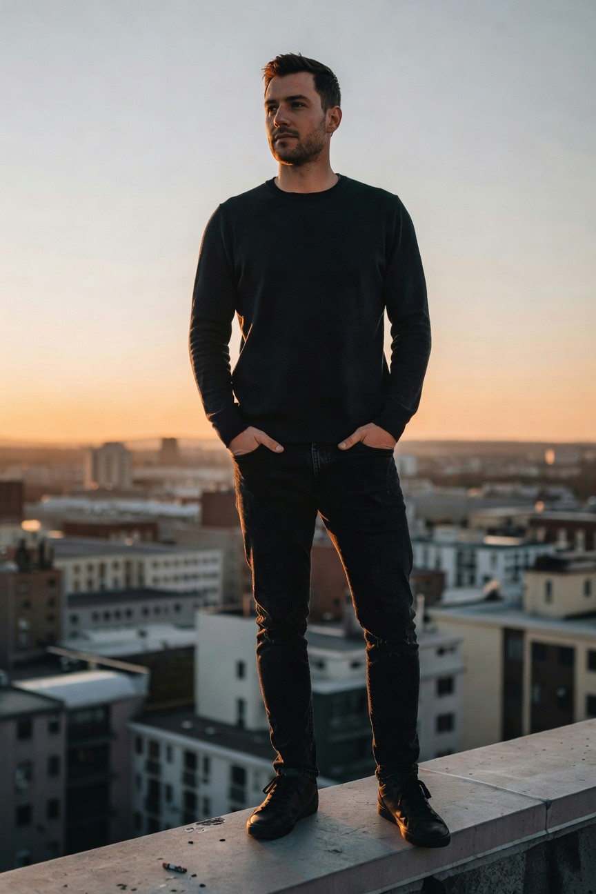 Man wearing fitted black crewneck sweater tucked into slim black jeans with hands in pockets and black leather sneakers on rooftop ledge