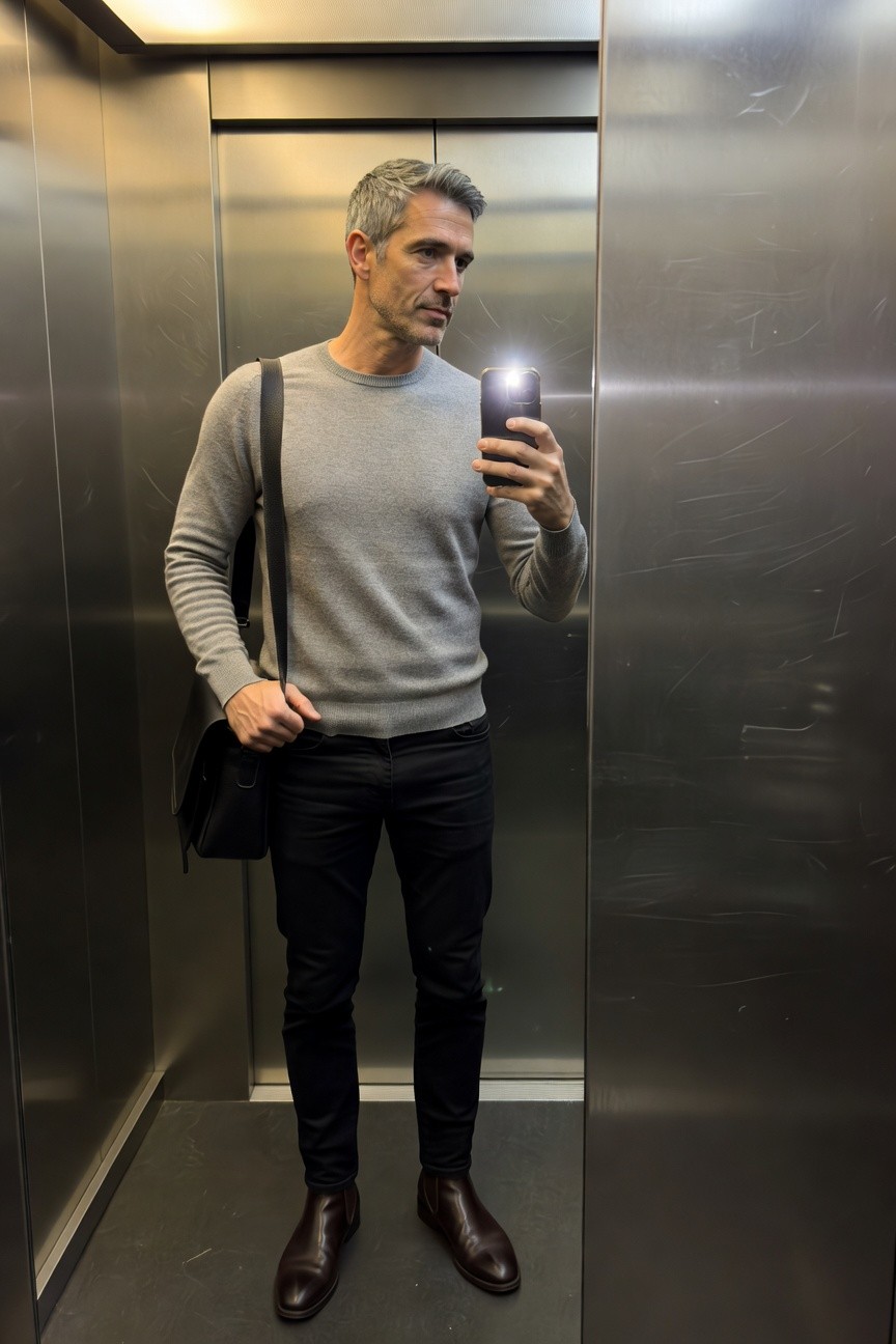 Silver-haired man in a light gray long-sleeve sweater, slim black jeans, brown leather Chelsea boots, and black leather messenger bag, taking a mirror selfie in a steel elevator