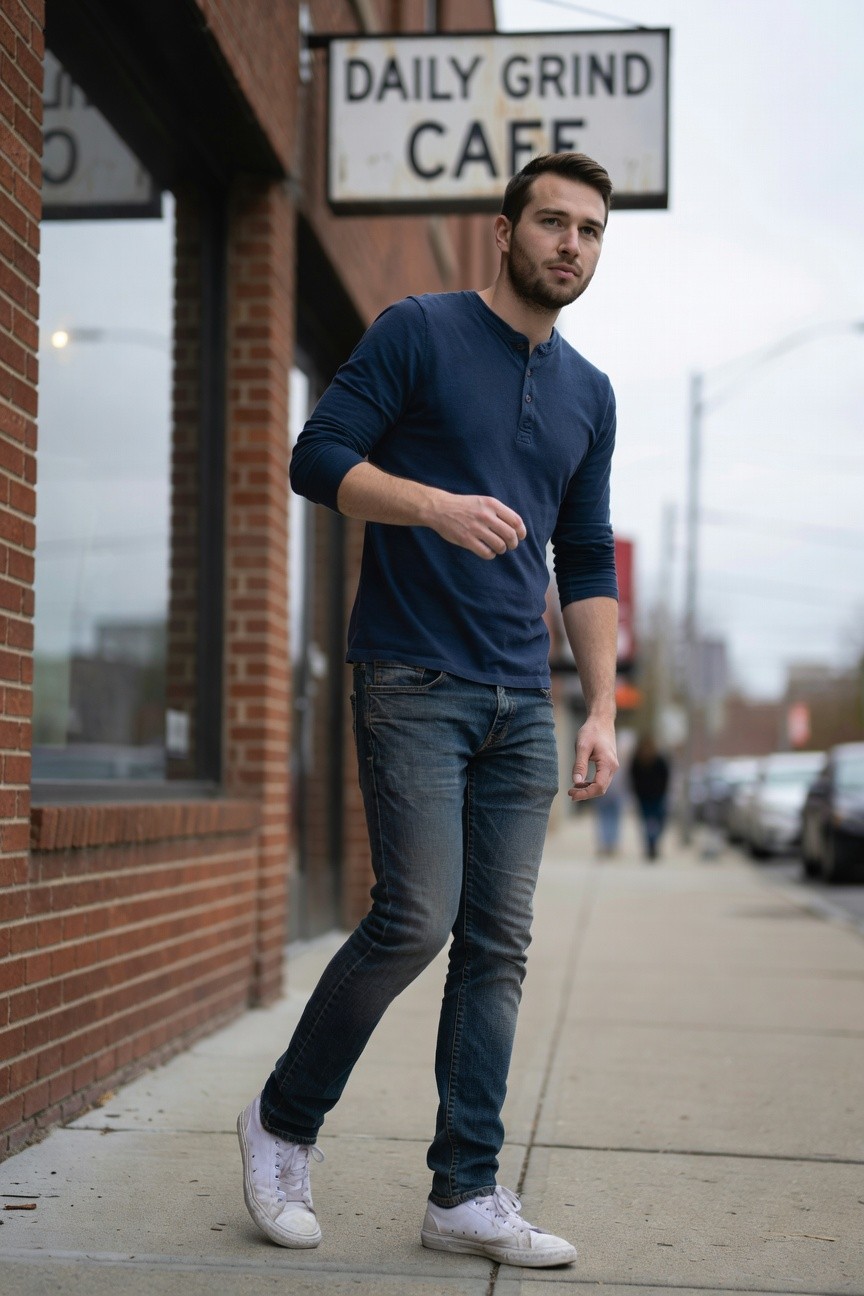 Man walking in navy long-sleeve henley shirt, dark wash slim jeans, and white sneakers outside a brick building with cafe sign