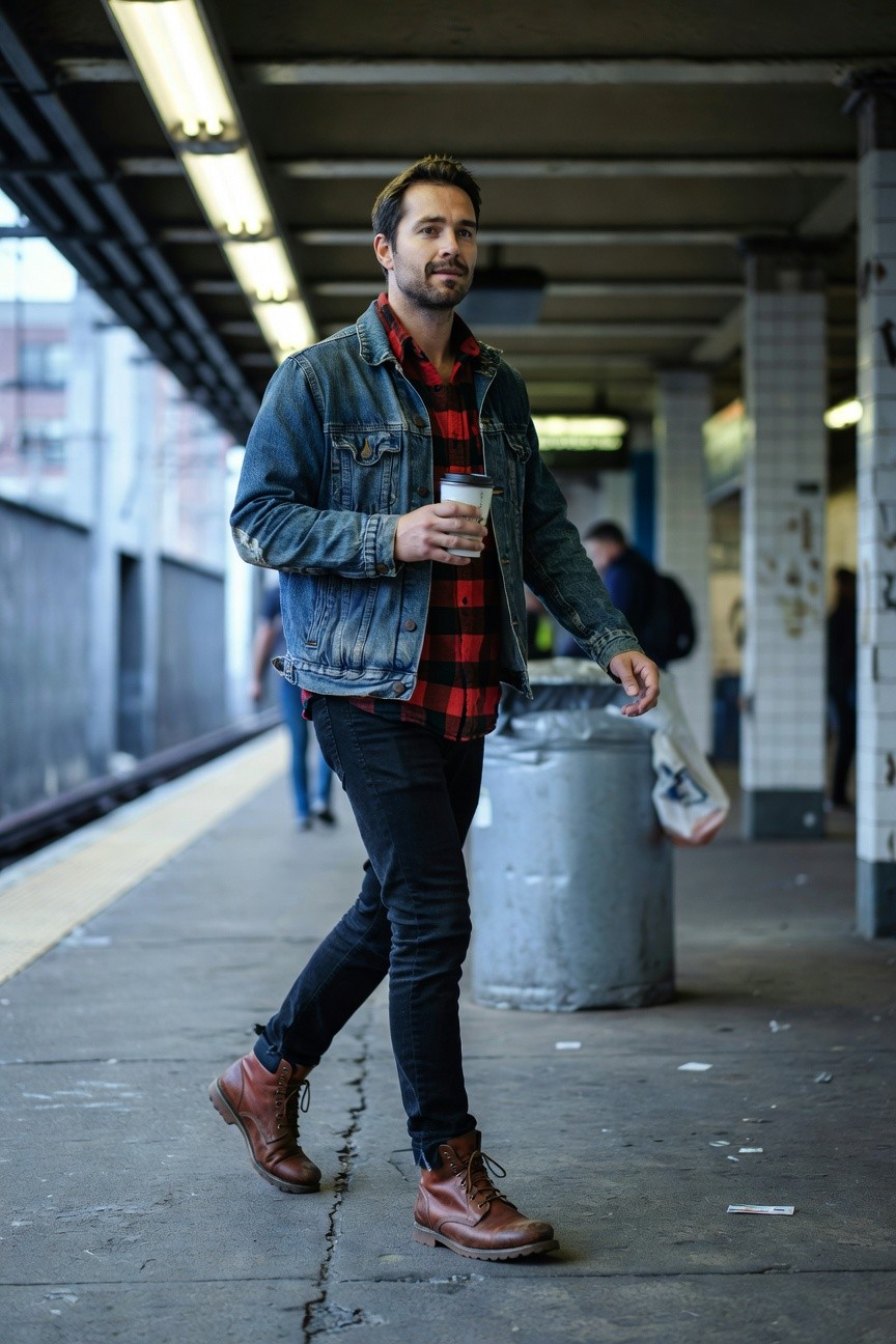 Man walking on subway platform in light wash distressed denim jacket layered over red-black plaid flannel shirt, slim black jeans, brown laced leather ankle boots, holding white coffee cup