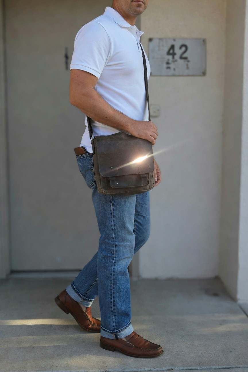 Man in white short-sleeve polo shirt, medium blue straight-leg jeans cuffed at ankles, brown leather penny loafers, and brown leather messenger bag slung over shoulder, standing casually