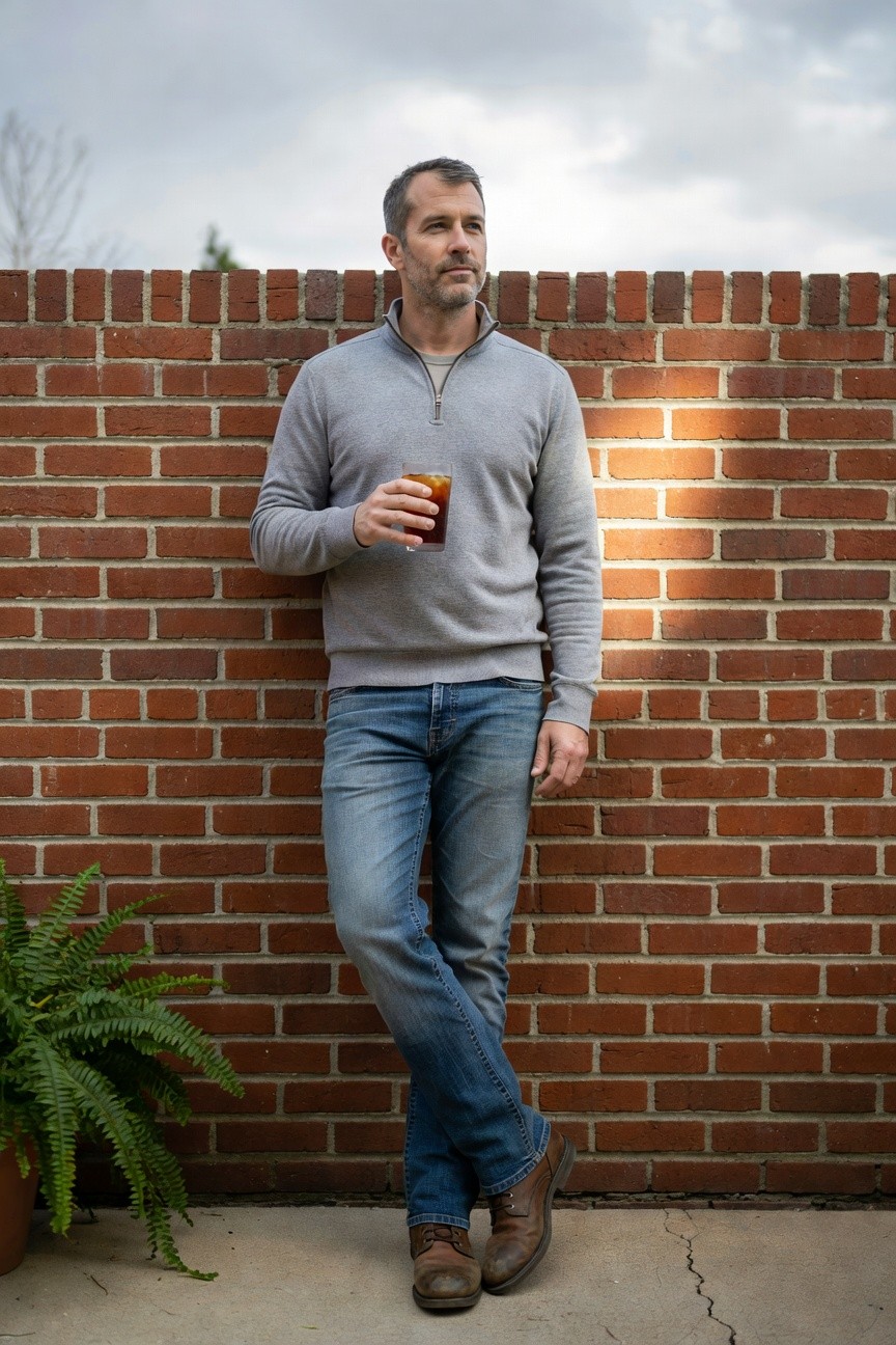 Man in gray quarter-zip pullover sweater, blue straight-leg jeans, and brown leather boots, leaning casually while holding an iced drink