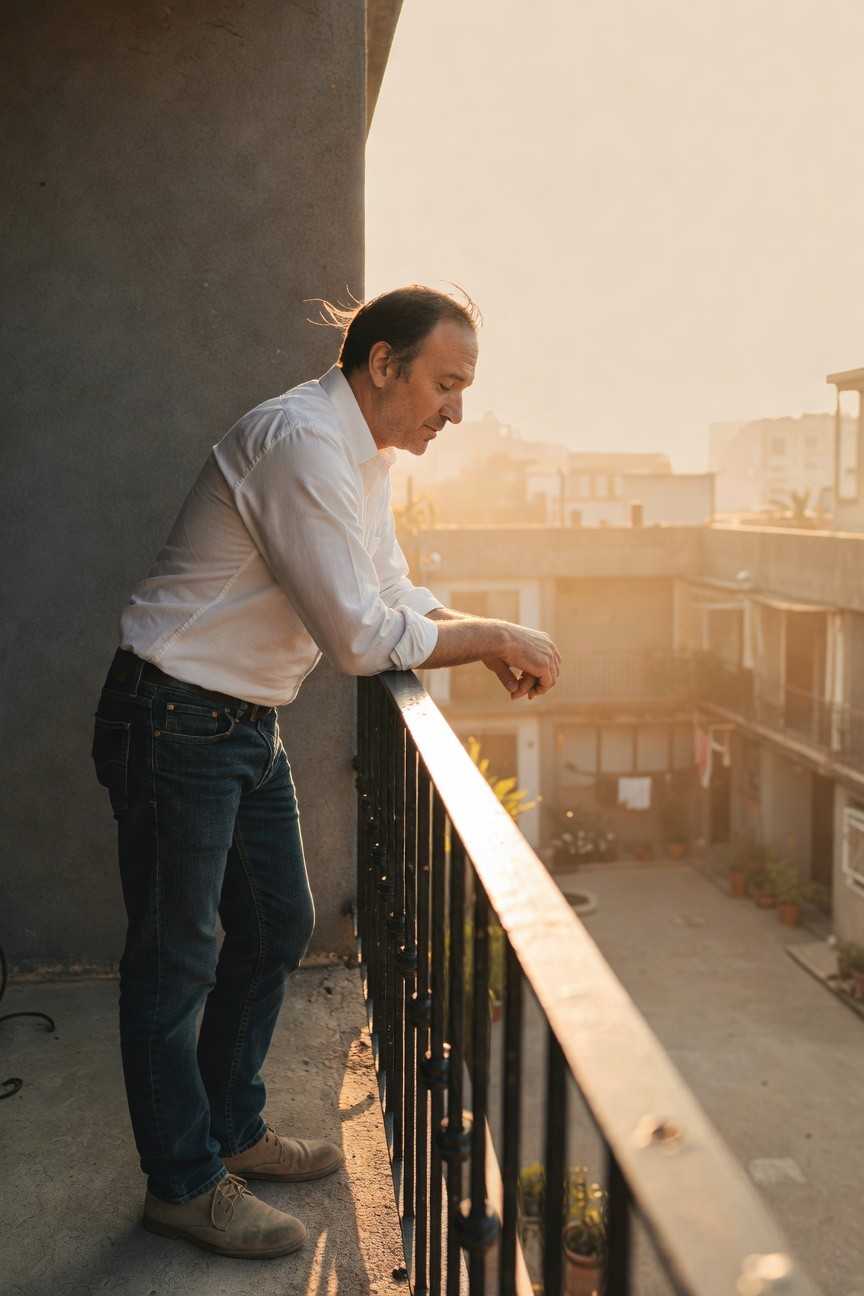 Man in white long-sleeve button-up shirt, blue jeans, tan suede shoes, and brown belt, leaning casually on a railing