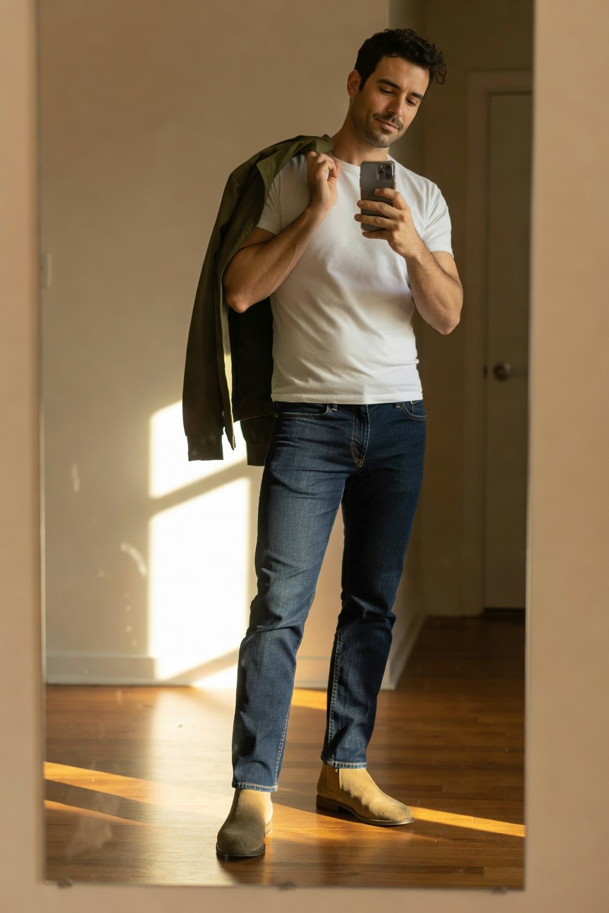 Man in mirror selfie wearing white t-shirt, olive green jacket draped over shoulder, medium-wash slim jeans, and beige suede chelsea boots, standing casually in a bedroom with wooden floors