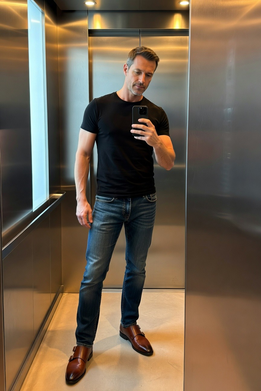 Man in black t-shirt and light blue jeans taking elevator selfie wearing polished brown double-buckle loafers