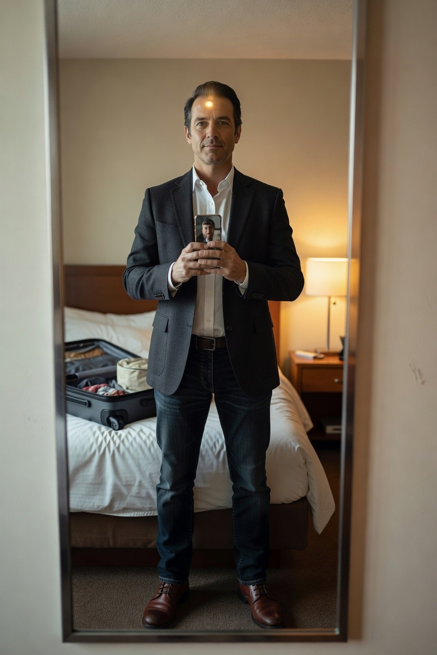 Man taking a mirror selfie in a hotel room, wearing a charcoal gray blazer over a white dress shirt with open collar, dark slim jeans, and polished brown leather oxfords, suitcase visible on bed behind him