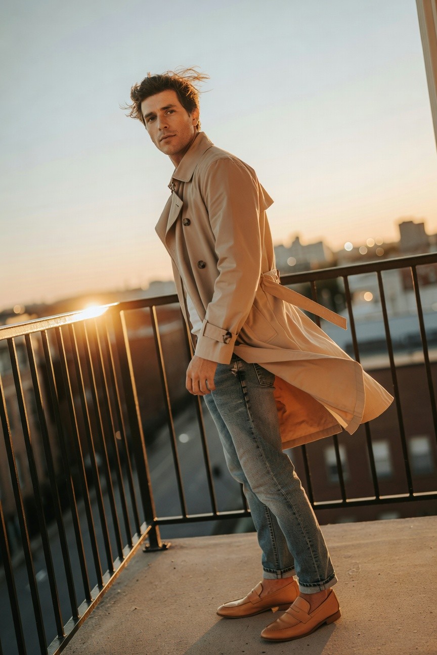 Man in open beige trench coat over blue jeans and tan brown loafers, standing sideways with hand in pocket
