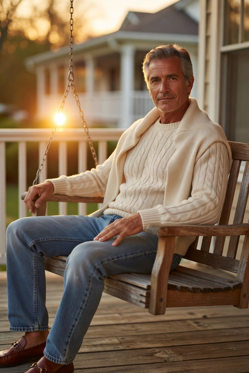 Mature man seated on wooden porch swing wearing light blue relaxed-fit jeans, cream cable knit turtleneck sweater, open cream shawl collar cardigan draped over shoulders, and dark brown horsebit loafers, casual polished style