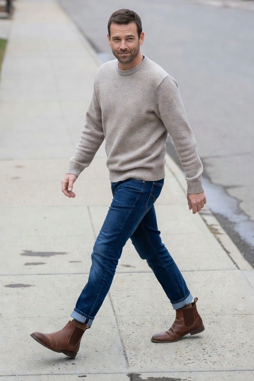 Man walking on sidewalk in light gray crewneck sweater, slim blue jeans cuffed at ankles over brown leather Chelsea boots with visible socks, side profile view