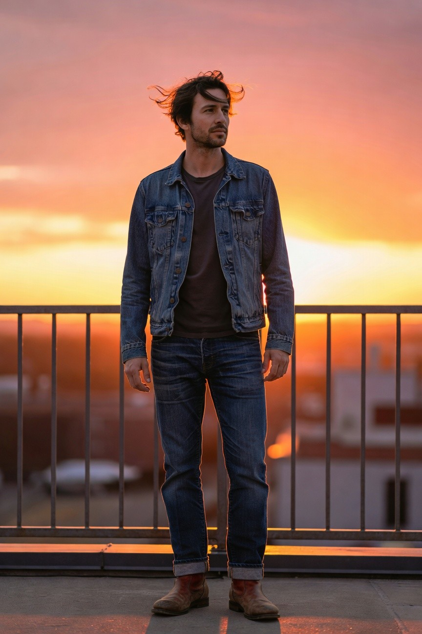 Man in slim dark wash jeans cuffed over reddish-brown leather boots, layered with a faded blue denim jacket over dark t-shirt, casual polished style