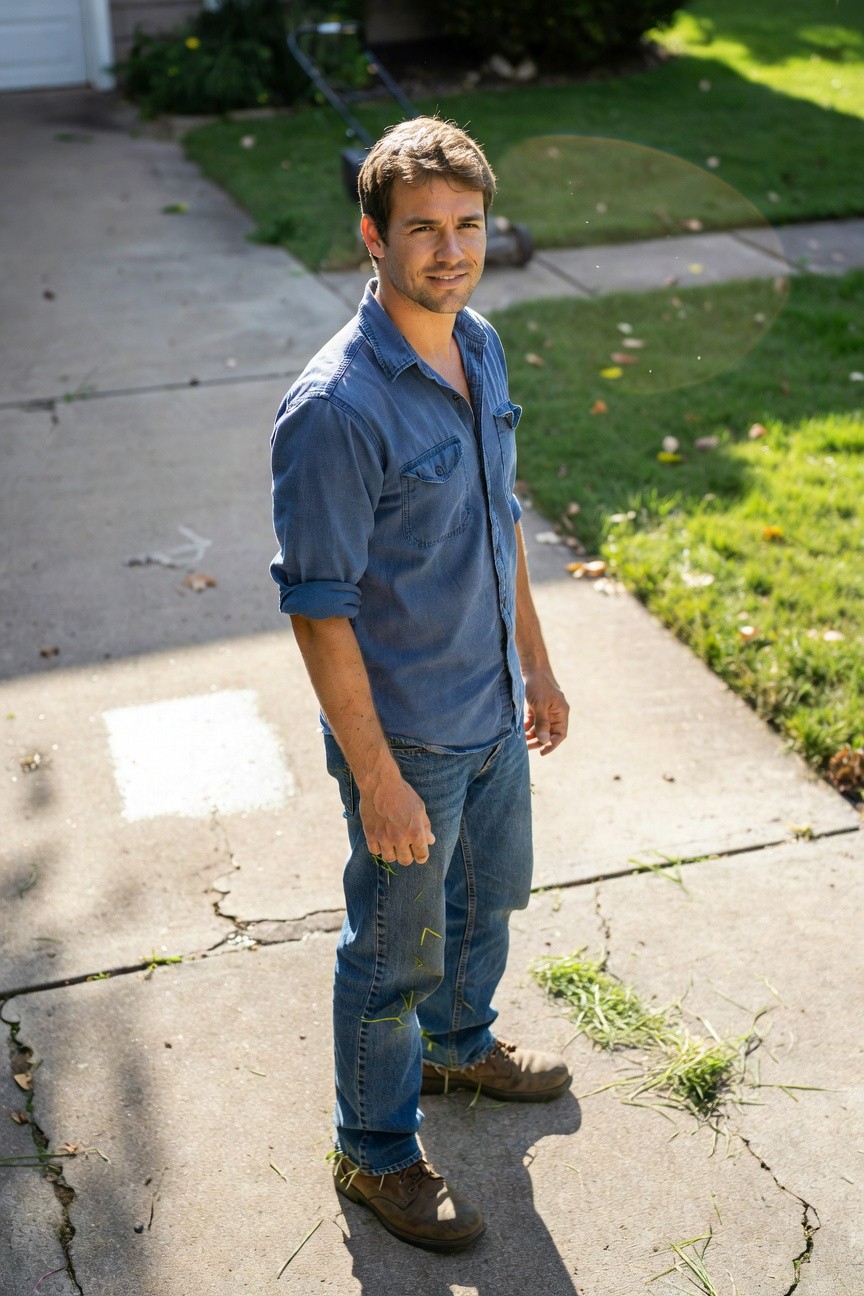 Man in light blue denim shirt with rolled sleeves open collar straight leg blue jeans and brown leather work boots standing casually on concrete driveway