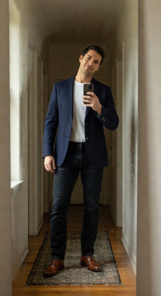 Man in navy blue blazer over white t-shirt, dark slim jeans, and brown leather brogue shoes, posing confidently in a hallway while holding a smartphone