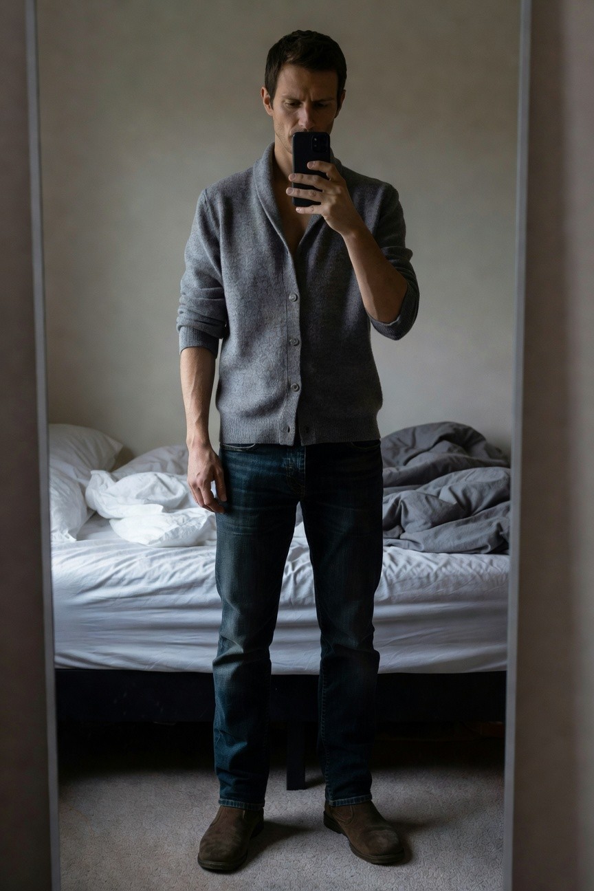 Man in open gray cardigan dark jeans and brown suede boots standing in front of mirror selfie style bedroom background