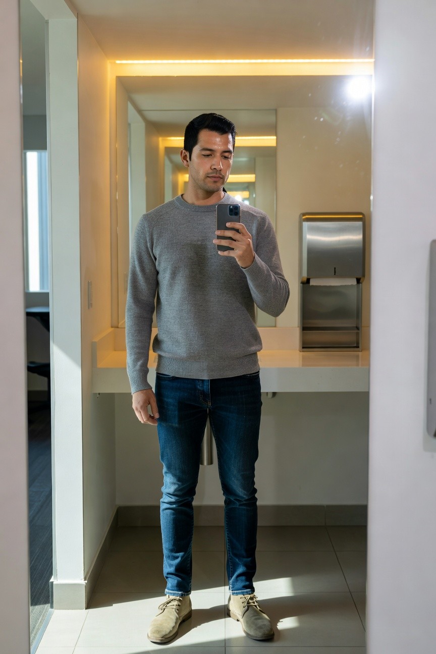 Man in light gray crewneck sweater, slim dark blue jeans, and tan suede laced shoes standing in modern bathroom mirror area taking a selfie