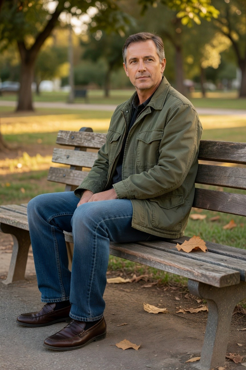 Man in olive green field jacket over black crewneck, blue jeans, and brown leather loafers, sitting casually on a wooden bench