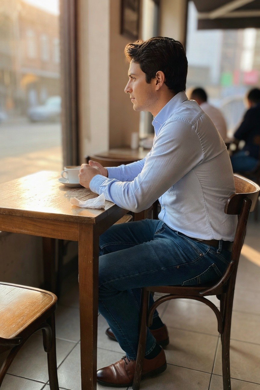 Man in profile wearing light blue button-up shirt tucked into medium blue jeans with brown leather shoes, seated at wooden cafe table holding coffee cup